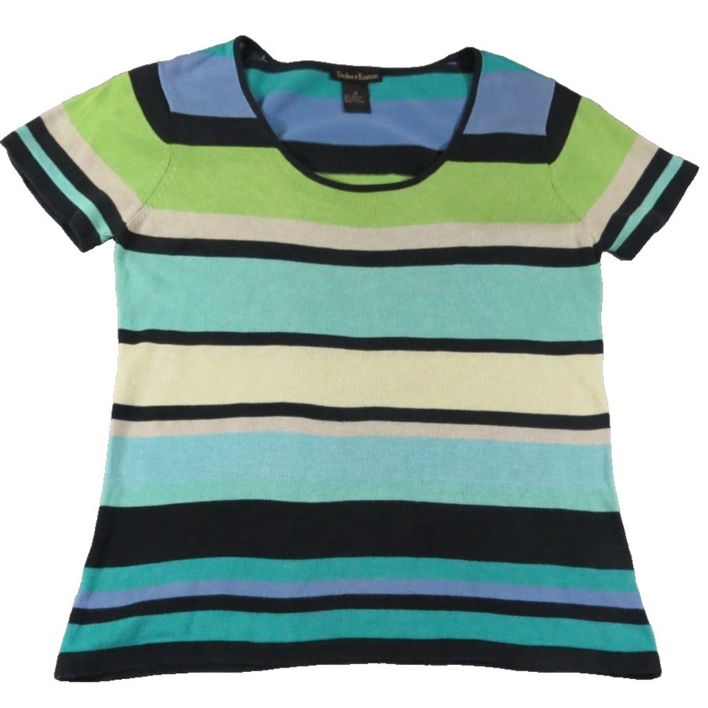 VTG Sydney Easton Silk Cotton Knit Top M Multi Stripe Short‎ Sleeve Pullover EUC